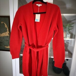 Boden Red Ribbed Knit Cardigan with Tie